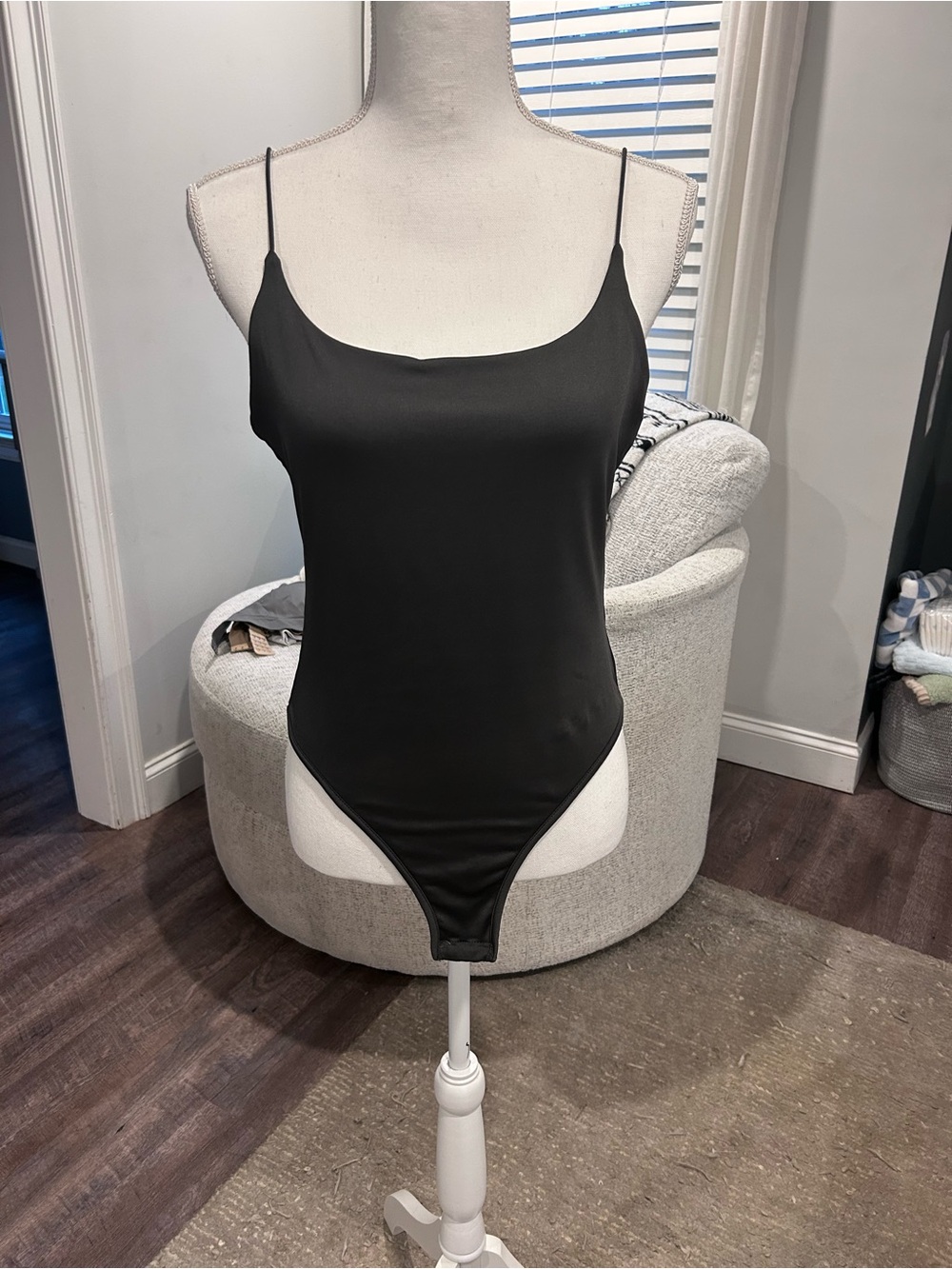 Black Satin-Look Spaghetti Strap Bodysuit
